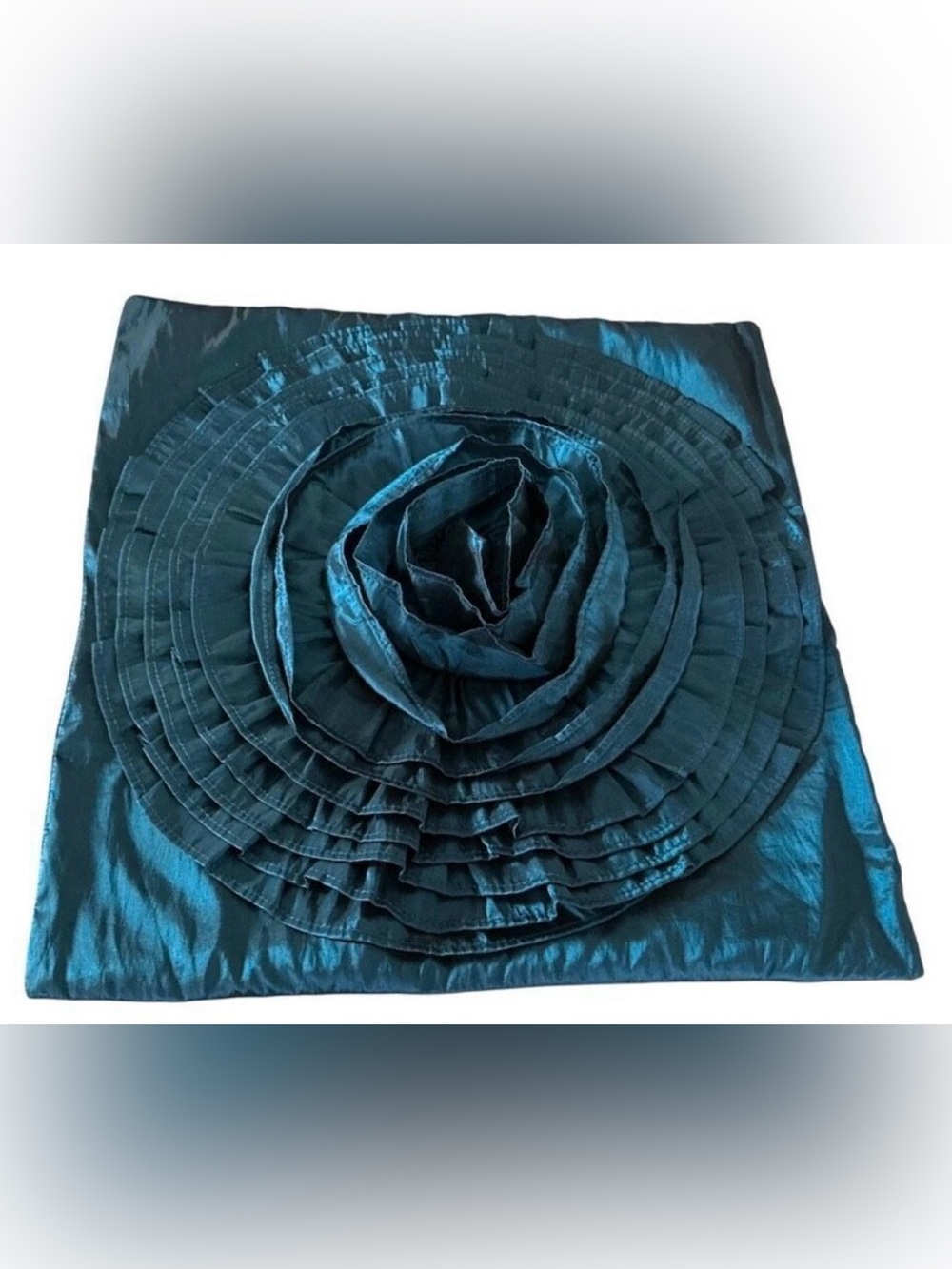 Raw Silk(?) Decorative 3D Teal Rose Pillow Cover EUC